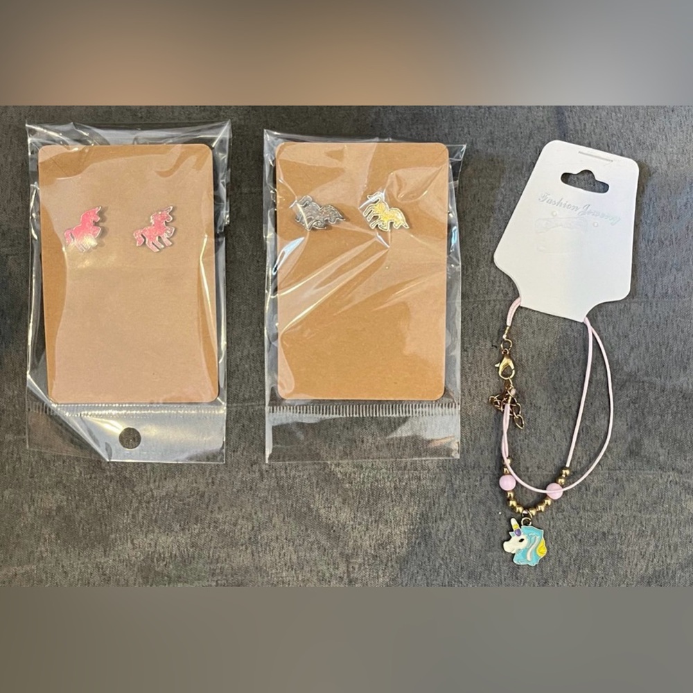 Unicorn Jewelry Girls Bundle, 2 Pairs of Unicorn Earrings & Bracelet, New